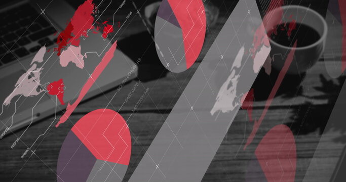 Digital composite image of statistical data processing against office equipment on desk