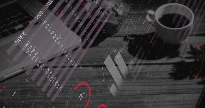 Digital composite image of statistical data processing against office equipment on desk