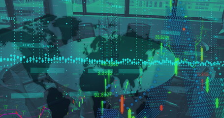 Image of financial data processing with world map over empty meeting room