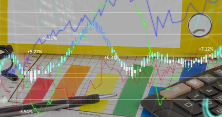 Image of financial data processing over statistics on desk