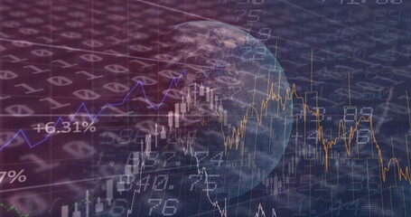 Image of financial data and binary coding processing over globe