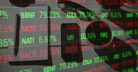 Image of financial data processing over desk with notebook and smartphone