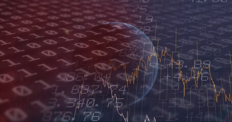 Image of financial data and binary coding processing over globe
