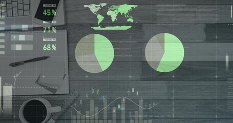 Image of financial data processing, statistics over desk with notebook, smartphone and laptop