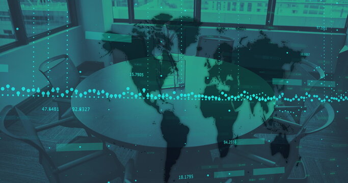 Image of financial data processing with world map over empty meeting room - Powered by Adobe
