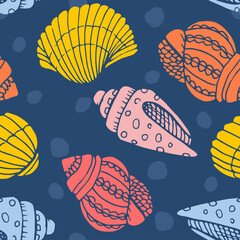 Vector seamless pattern with hand drawn scallop seashells, sea elements and stars. Beautiful marine design, perfect for prints and patterns, textile, fabric, children background