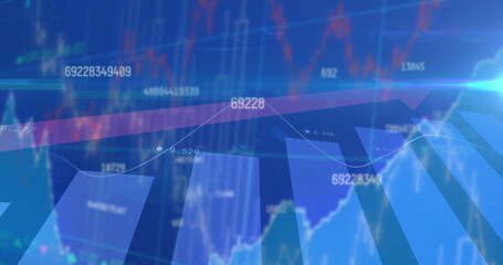 Multiple changing numbers and red arrow over statistical data processing against blue background