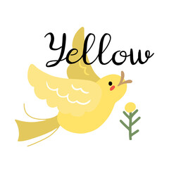 Cute canary bird doodle drawing with lettering Yellow, children educational book page