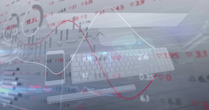 Digital composite image of financial data processing against office equipment on desk - Powered by Adobe