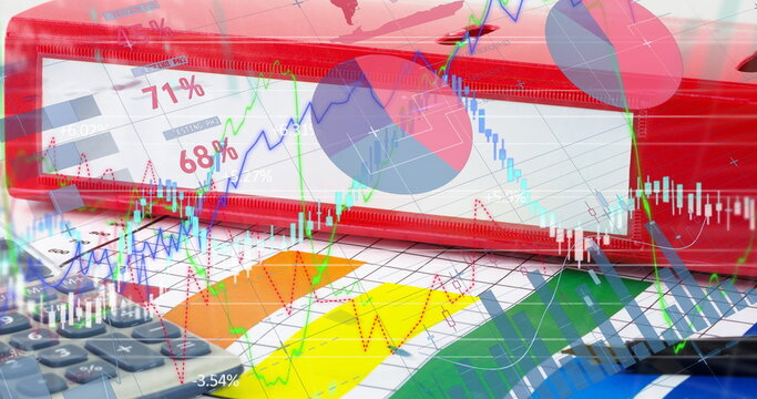 Digital composite image of financial data processing against office equipment on desk