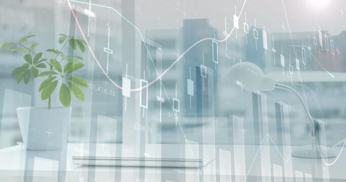 Digital composite image of financial and statistical data processing against office window