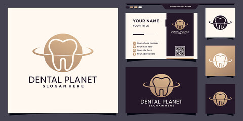 Dental planet logo with negative space concept and business card design Premium Vector