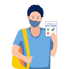 COVID 19 pcr test negative result. Coronavirus test mandatory. Traveling, new normal. Man showing health passport, document on dark background. Flat design vector illustration