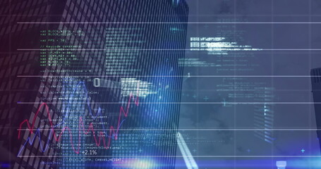 Financial data processing over grid network against tall buildings in background