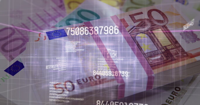 Digital composition of multiple changing numbers and light trails moving against euro bills in backg - Powered by Adobe