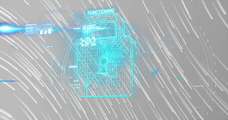 Security padlock and data processing against light trails on grey background