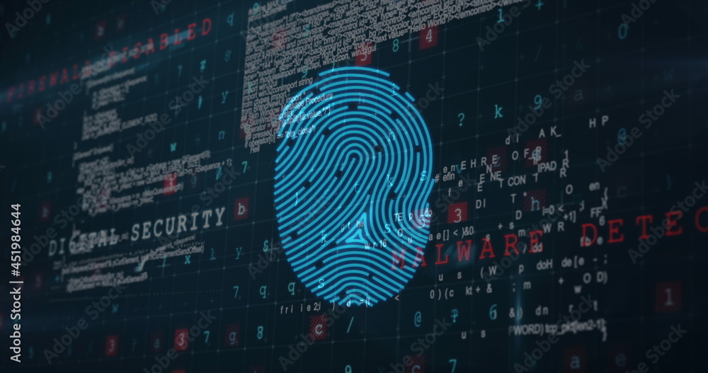 Poster bio metric fingerprint scanner and data processing against blue background
