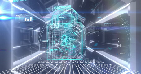 Security padlock icon and data processing against glowing tunnel