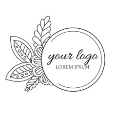 Floral logo design. Line art. Template for logotype, label, sign, icon. Wedding invitation, feminine design. Ornate flowers and elegant leaves