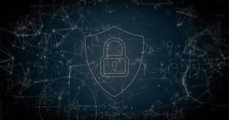 Security padlock icon and network of connections against mathematical equations
