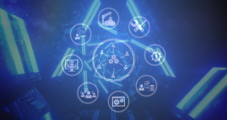 Network of digital icons against glowing tunnel