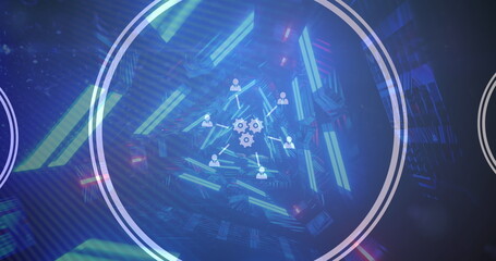 Network of digital icons against glowing tunnel