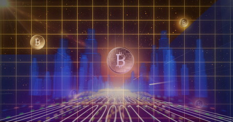 Bitcoin symbols over grid lines against 3D city model