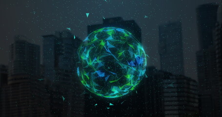 Globe of plexus networks spinning against modern buildings