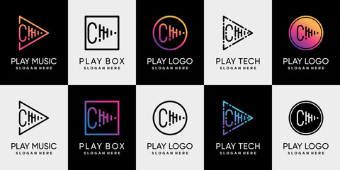Set bundle of play music logo design with initial letter c and unique line art style Premium Vector