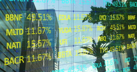 Financial data over city buildings.