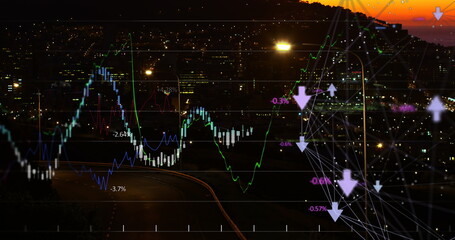Financial curves over city by night.