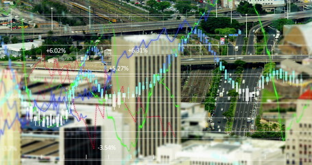 Financial data over city buildings and roads.