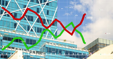 Financial curves over building site.