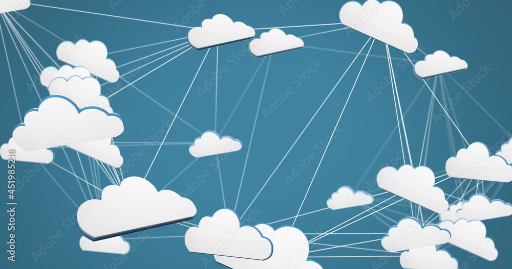 Poster digital image of network of multiple cloud icons against blue background