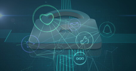 Image of network of connections with icons over online security padlock