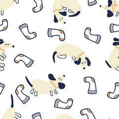 Pastel colored seamless pattern of playing dachshunds and socks. Perfect for T-shirt, textile and prints. Hand drawn vector illustration for decor and design.

