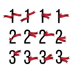 Set of number 1, 2, 3 symbols with red ribbons on white background. Award ribbon. Design element for greeting card, anniversary event, promotion.