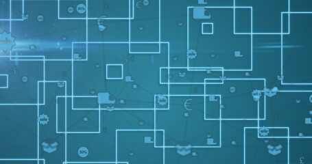 Image of network of connections with online shopping icons and square outlines