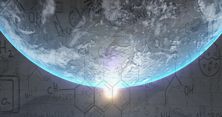 Image of chemistry data and drawings over globe and sun shining