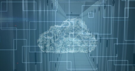 Image of digital cloud with squares over tech room with computer servers