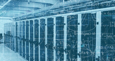 Image of mathematical data and tech room with computer servers