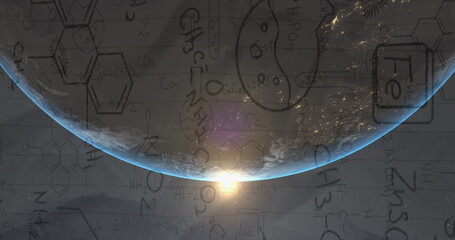 Image of chemistry data and drawings over globe and sun shining