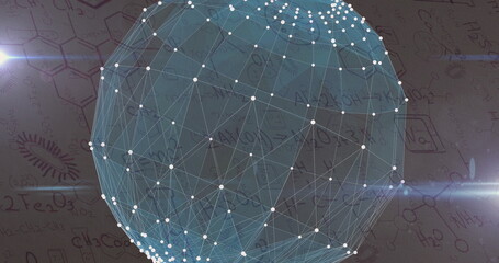 Image of chemistry data and drawings over globe with network of connections