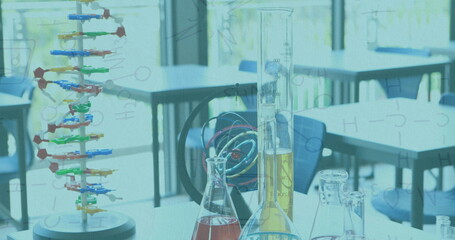 Image of chemistry data and drawings over test tubes and beakers