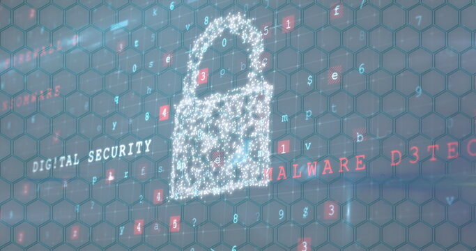 Image of online security padlock over numbers changing and cyber attack warning 