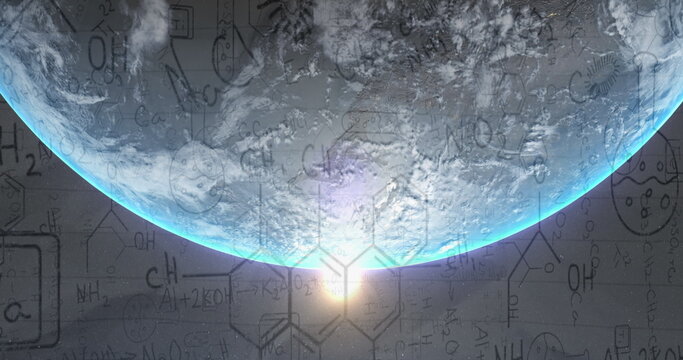 Image of chemistry data and drawings over globe and sun shining