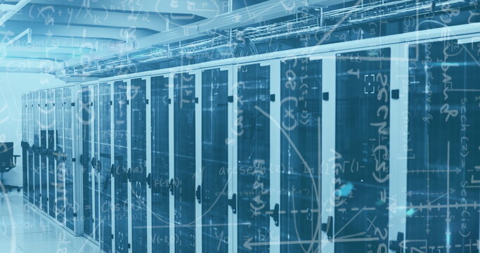 Image of mathematical data and tech room with computer servers - Powered by Adobe