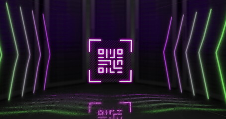 QR code scanner with neon elements against black background
