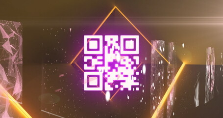 QR code scanner with neon elements against screens of networks of connections