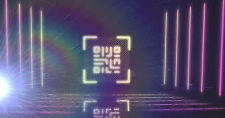 QR code scanner with neon elements against rainbow light flare